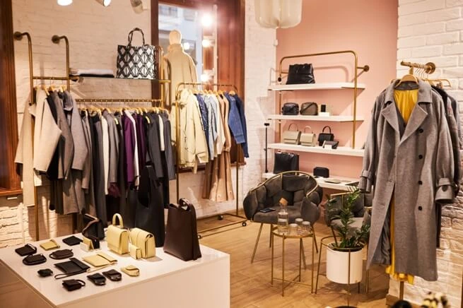 Espacio de un colectivo con prendas y accesorios en exhibición